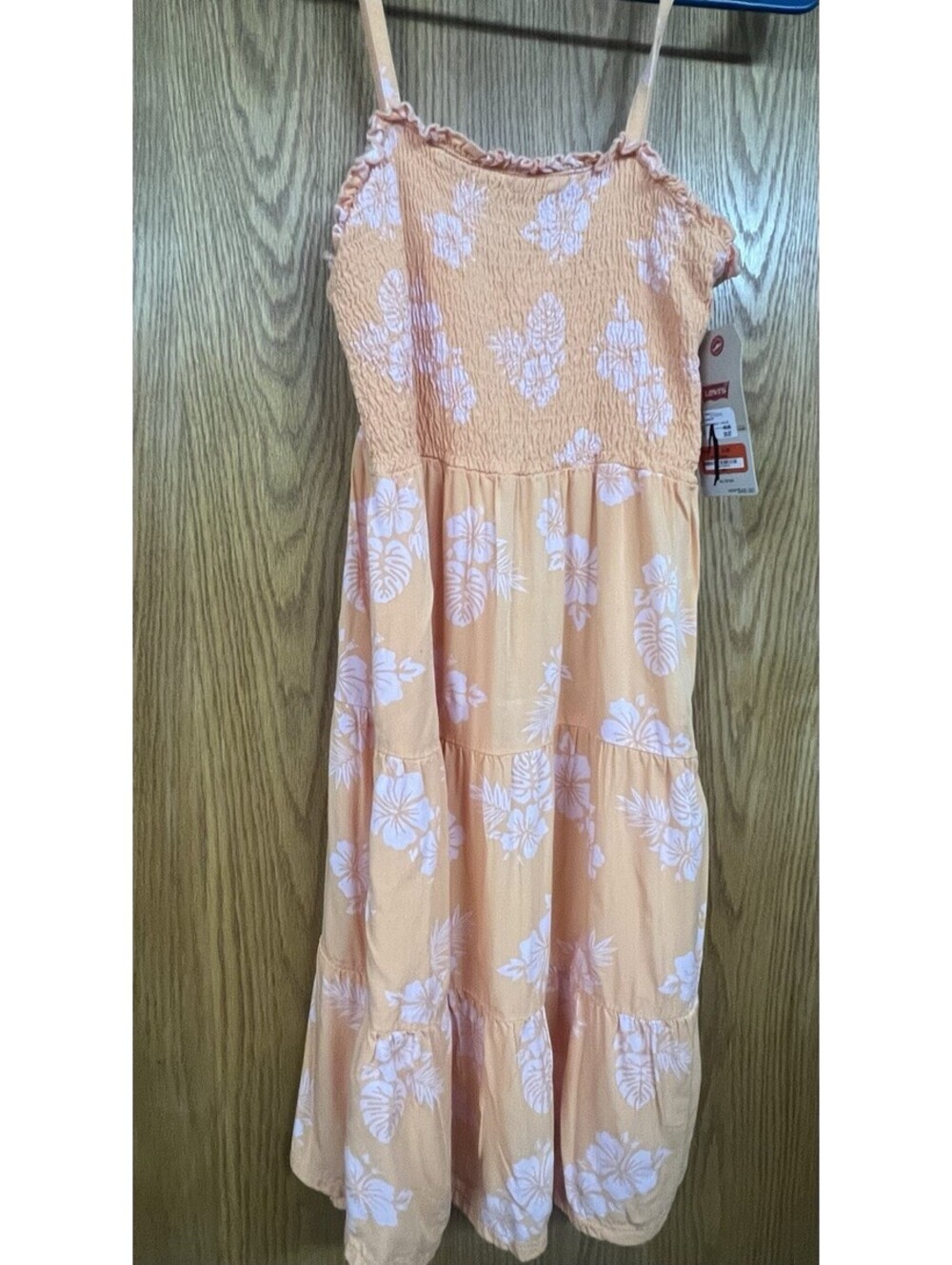 NWT Levis Girls Orange Pink Tiered Floral Dress (XL) 14-16 Shirred Sleeveless